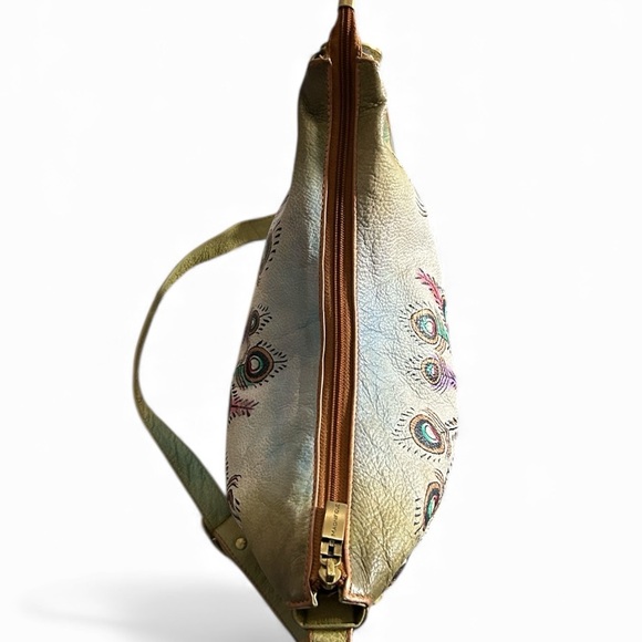 Magnifique Hand Painted Peacock Leather Crossbody Bag with Side Braid Accent - Picture 11 of 13